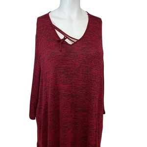 Catherines Blouse Red Print‎ Knit 4X V Neck Long Line Stretchy 3/4 Sleeve NEW